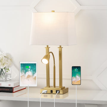 Blaire 23.75" 2-Light Modern Farmhouse Metal LED Table Lamp with USB Charging port - JONATHAN Y